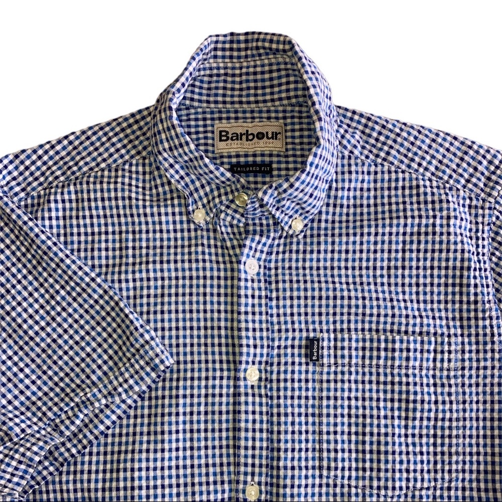 Barbour Shirt Mens Small White Blue Check Tailored Fit Short Sleeve‎ Button Down